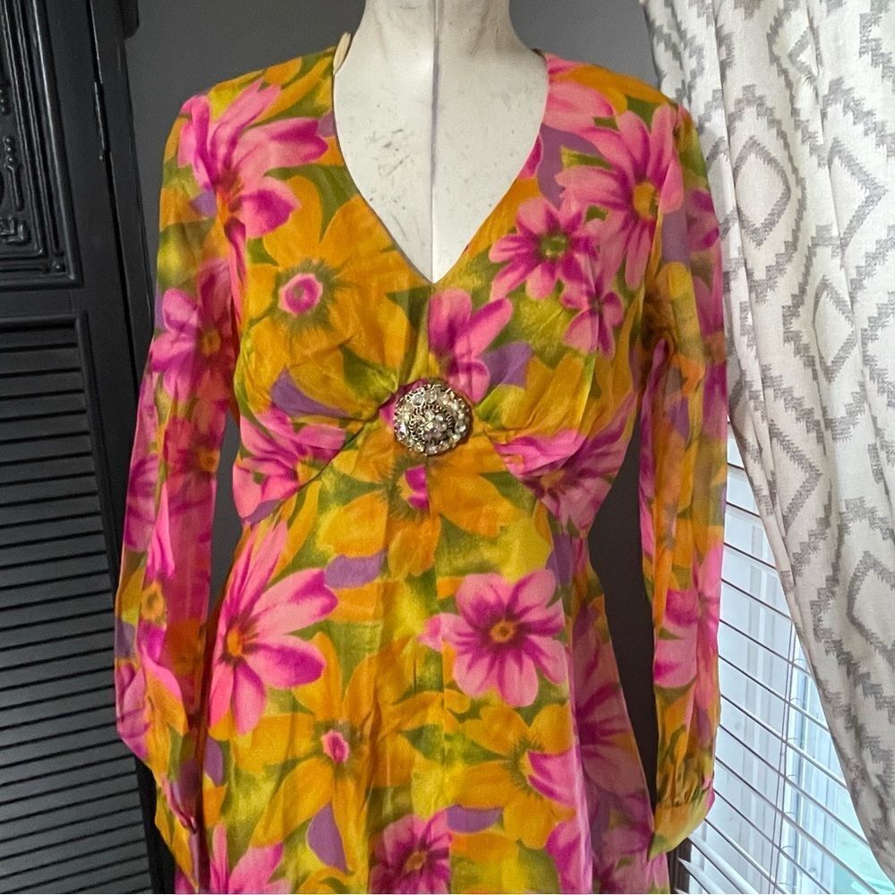 Vintage 60s 70s M Psychedelic Floral Print Boho Indie‎ Maxi Dress 14 - Picture 3 of 8